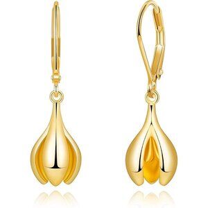 14K Gold- Floral Leverback Dangle Drop Hypoallergenic Earring for Women